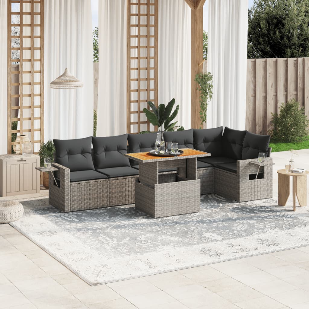 7-tlg. Garten-Sofagarnitur mit Kissen Grau Poly Rattan